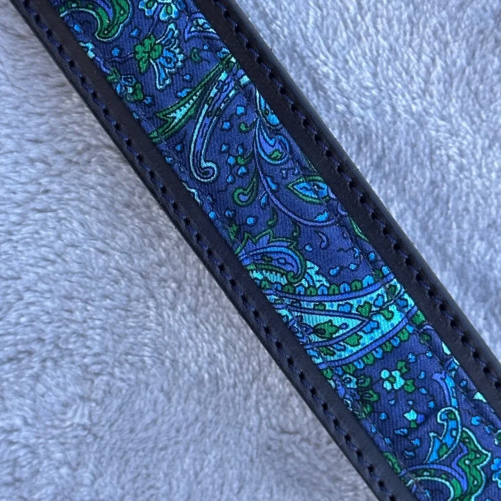 Vintage Croquet Black Leather Paisley Blue Fabric Belt Brass Buckle 36